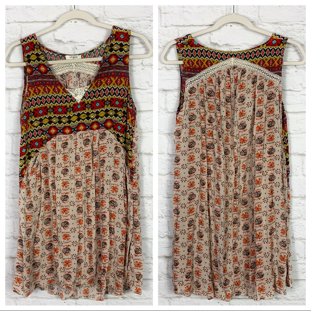 Umgee Boho Sleeveless Aztec Floral Mixed Media Top - Picture 1 of 10